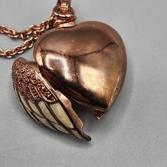 Rose Gold Plated Angel Wing Heart Locket Necklace 925 Thailand 26.35 19" Chain - Picture 7 of 10